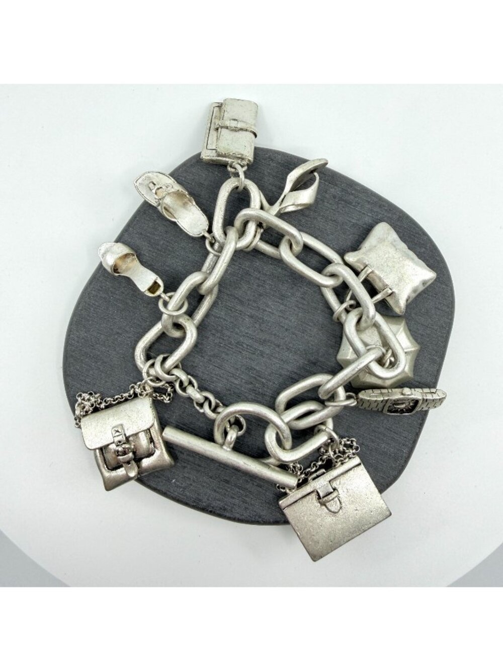 Kenneth Cole New York Silver Tone Charm Bracelet Chunky Toggle Clasp Statement